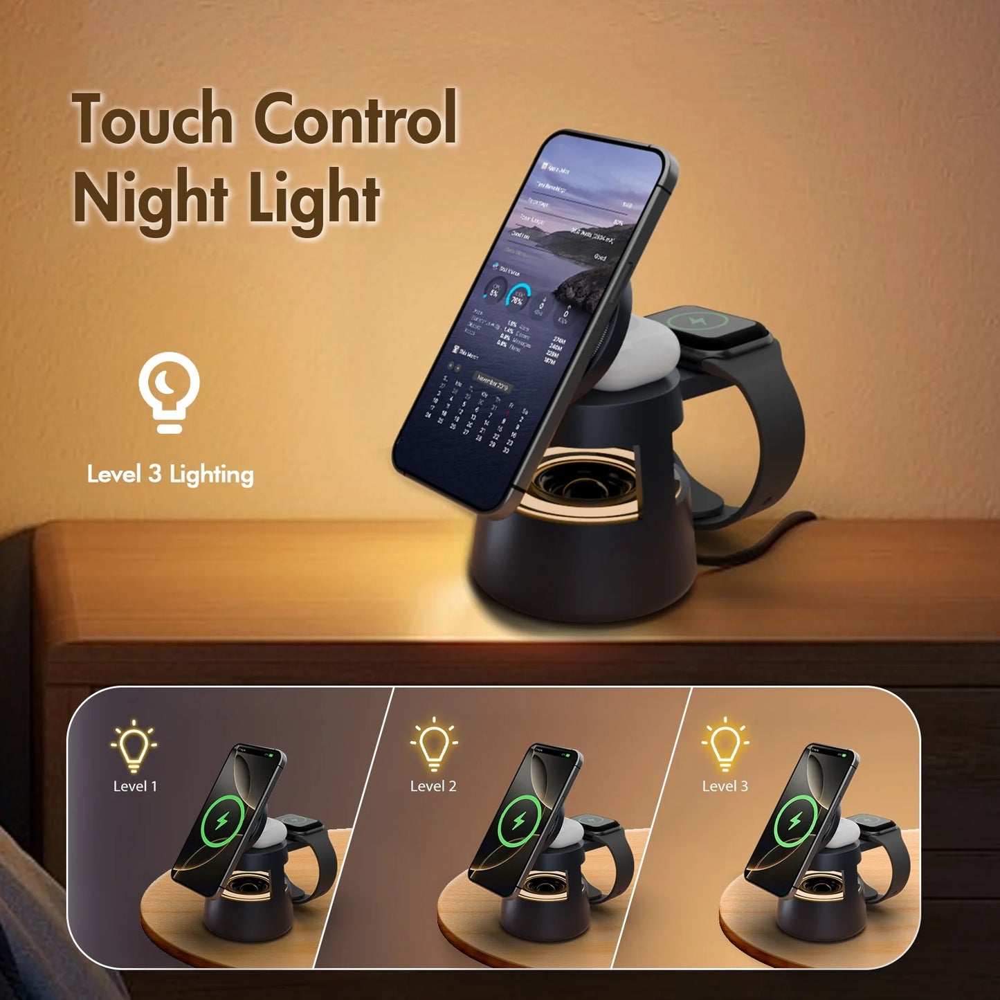 5 in 1 Wireless Charging Station, 15W Fast Charging Wireless Charger for Iphone Airpods Iwatch with Magsafe,Bluetooth Speakers,Mushroom Light Compatible with Iphone 8 and above Series